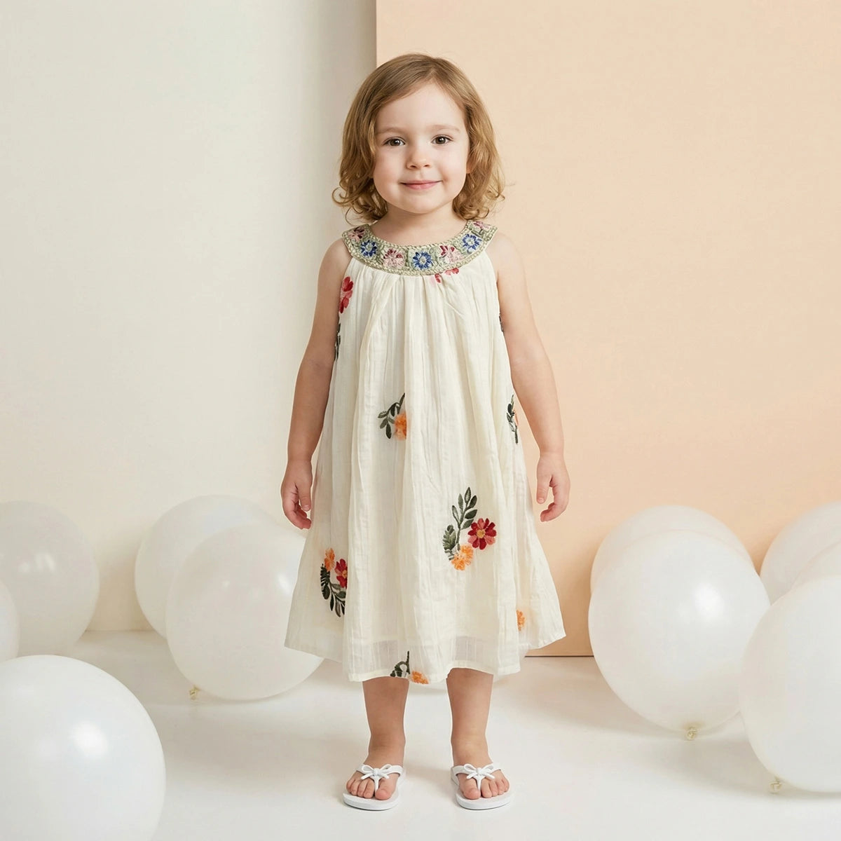 Girls Beige Floral Embroidered Sleeveless A-line Dress Casual Dresses Beige 1-2 Y