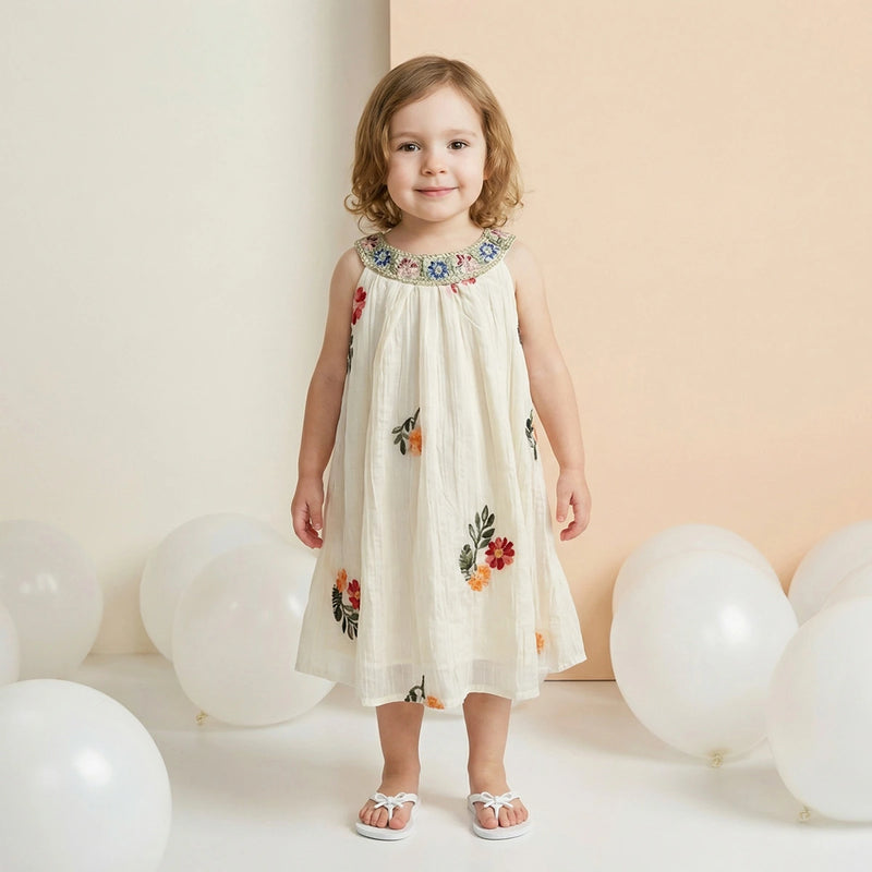 Girls Beige Floral Embroidered Sleeveless A-line Dress Casual Dresses Beige 1-2 Y