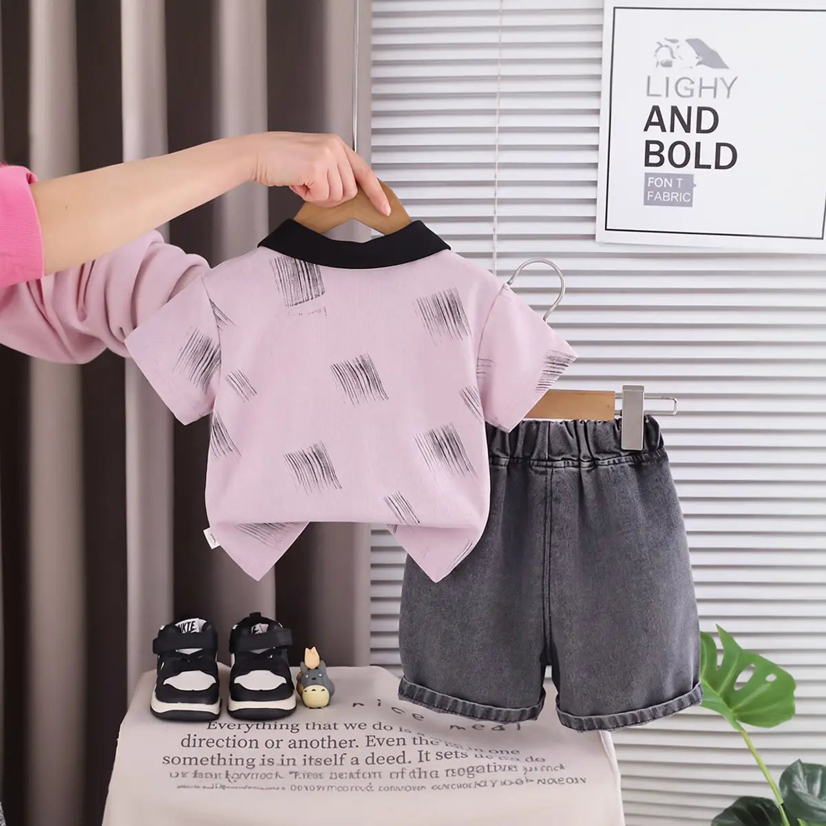 Boys Dusty Pink Typography Printed Polo T-Shirt with Denim Shorts Sets 2 pc. Sets