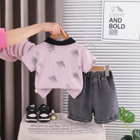 Boys Dusty Pink Typography Printed Polo T-Shirt with Denim Shorts Sets 2 pc. Sets