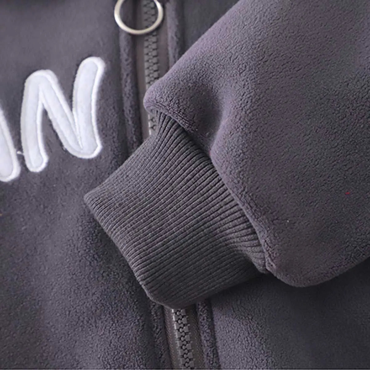Boys Grey Letters Embroidered Fleece Hooded Zipper Jacket With Jogger Co-ord Sets Sets