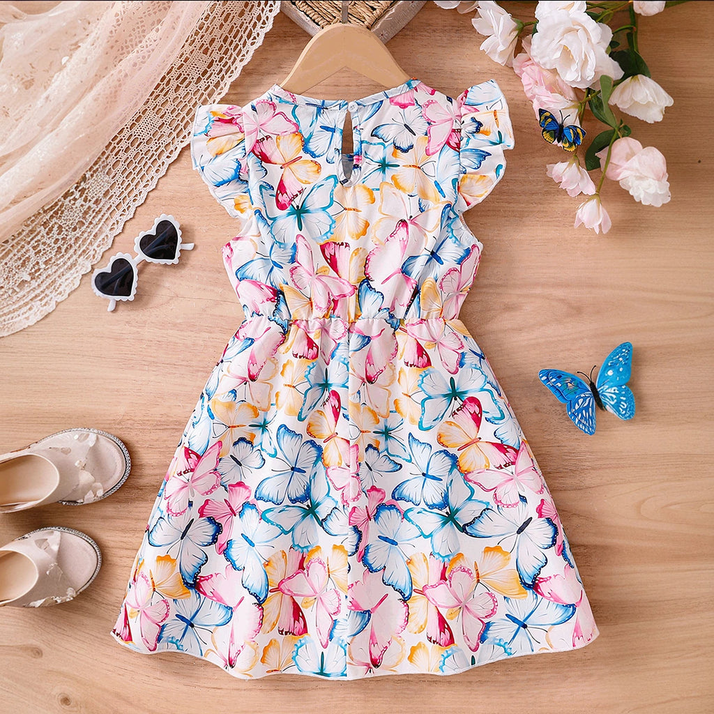 Girls Multicolor Butterfly Print Flutter Sleeve Fit & Flare Dress Casual Dresses
