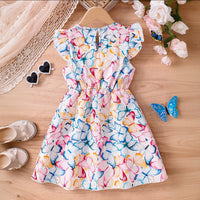 Girls Multicolor Butterfly Print Flutter Sleeve Fit & Flare Dress Casual Dresses