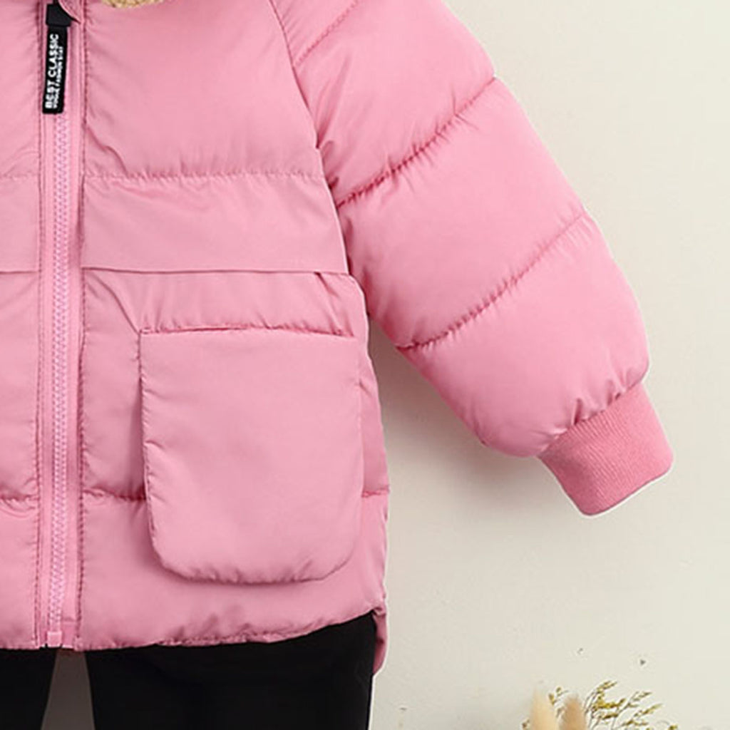 Girls Pink Solid Hooded Quilted Down Jacket Coats & Jackets