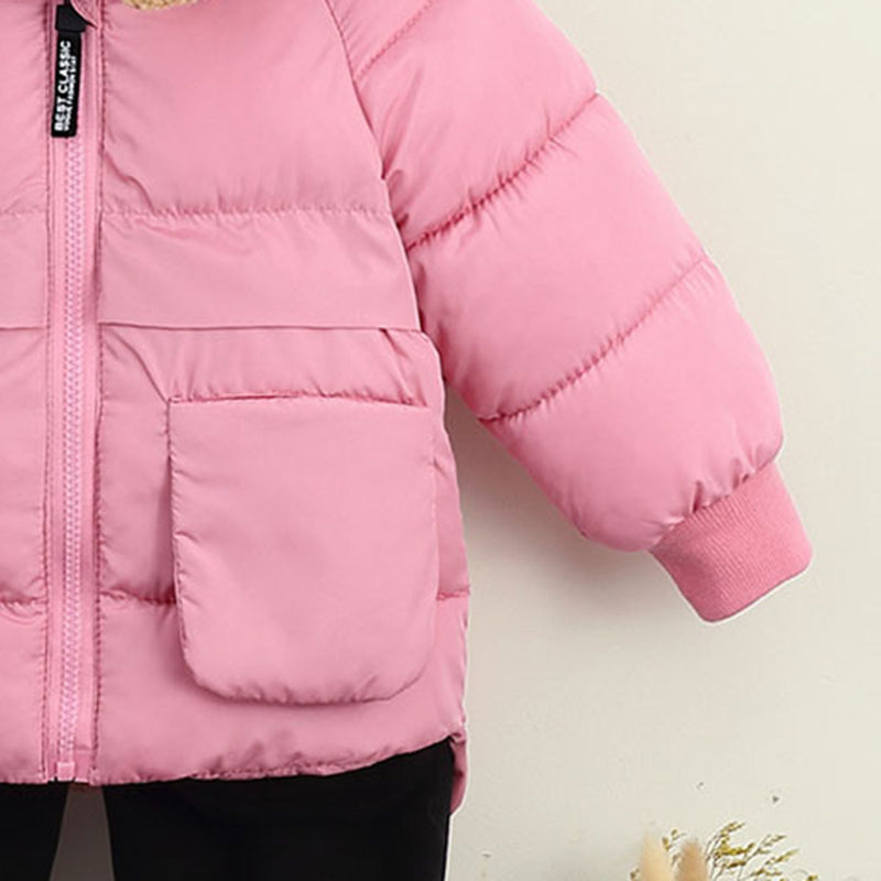 Girls Pink Solid Hooded Quilted Down Jacket Coats & Jackets