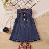 Girls Blue Ruffle Hem Sleeveless Denim Dress