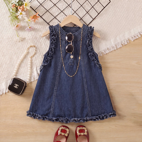 Girls Blue Ruffle Hem Sleeveless Denim Dress Casual Dresses Blue 1-2 Y