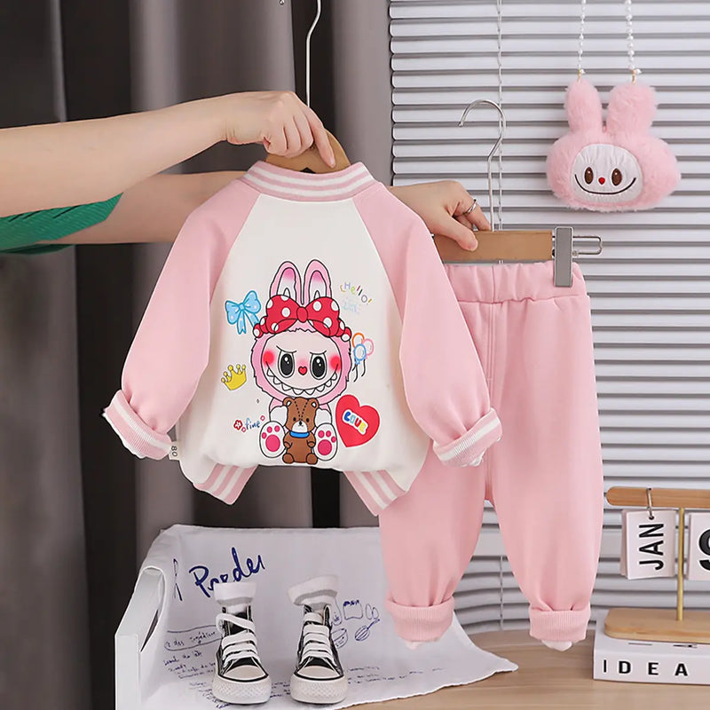 Girls Pink Graphics Printed Varsity Jacket With T-Shirt & Jogger & Sling Bag Sets Sets