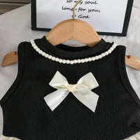 Girls Black Sleeveless Bow Applique Frill Top With Ribbed Pants Sets 2 pc. Sets