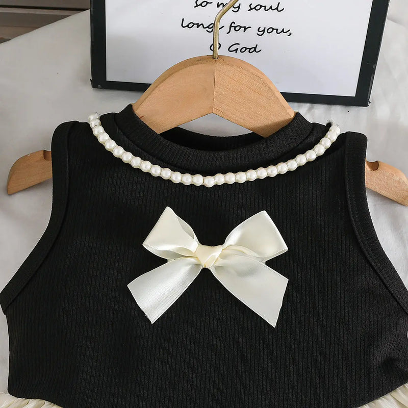 Girls Black Sleeveless Bow Applique Frill Top With Ribbed Pants Sets 2 pc. Sets
