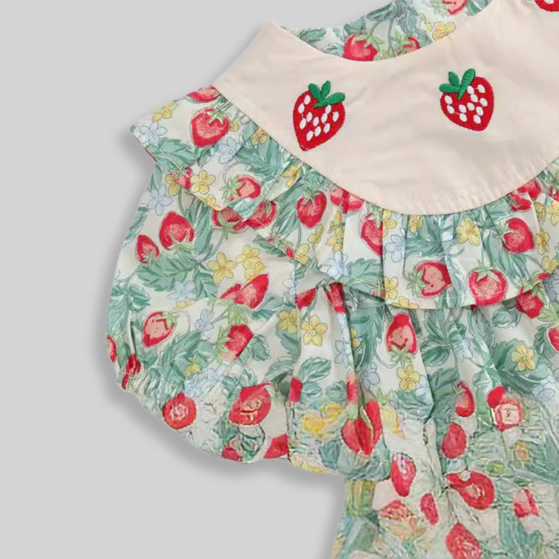 Girls Light Green Strawberry Embroidery A-line Dress Casual Dresses