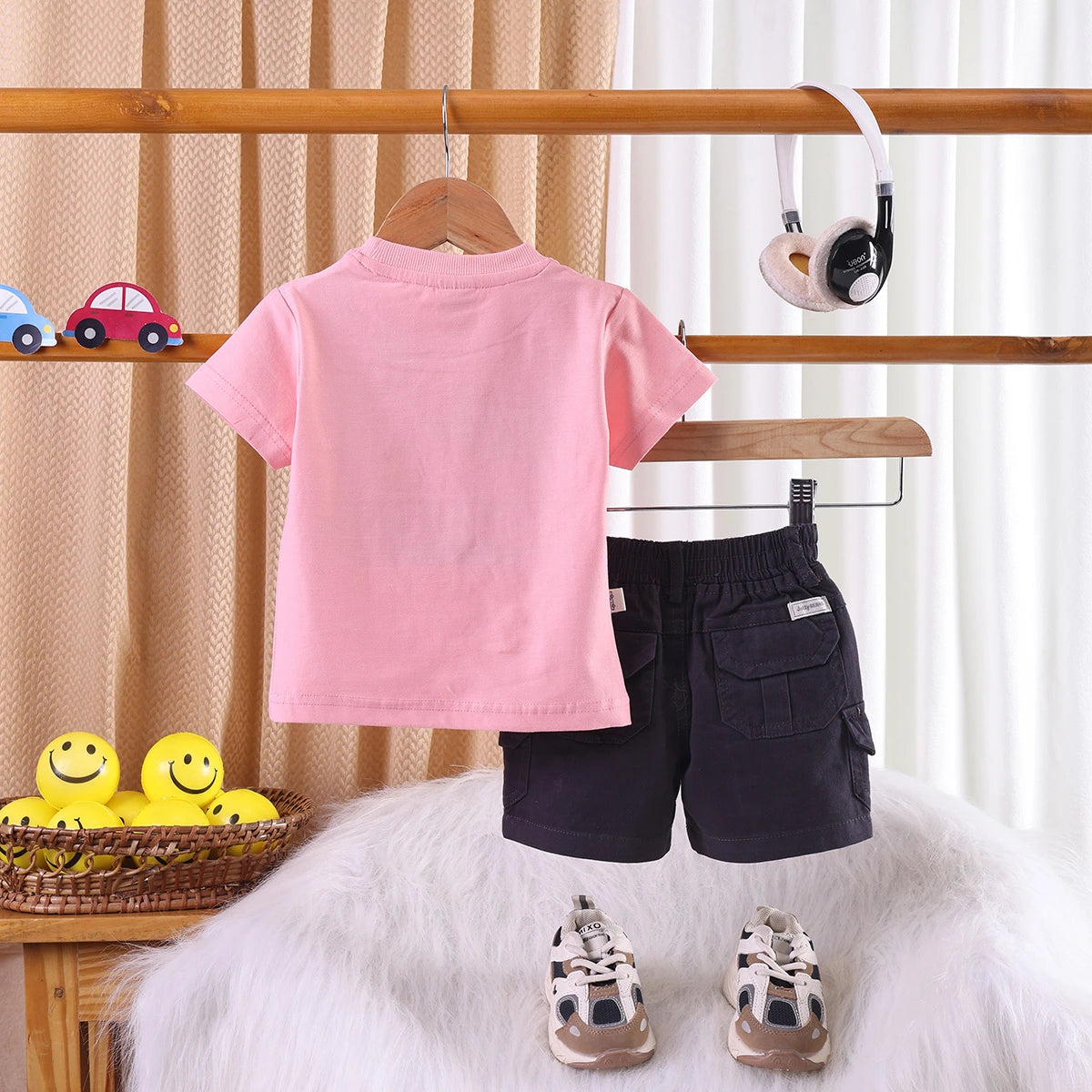 Boys Pink Inside Out Print T-Shirt With Twill Cargo Pocket Shorts Sets 2 pc. Sets