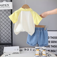 Boys Yellow Dinosaur Printed Short Sleeve Polo T-Shirt With Denim Shorts Sets 2 pc. Sets