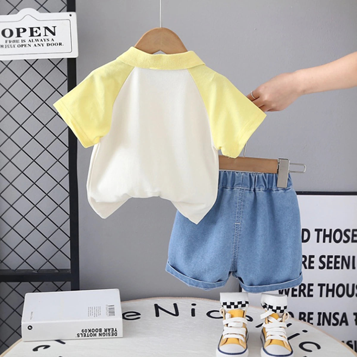 Boys Yellow Dinosaur Printed Short Sleeve Polo T-Shirt With Denim Shorts Sets 2 pc. Sets