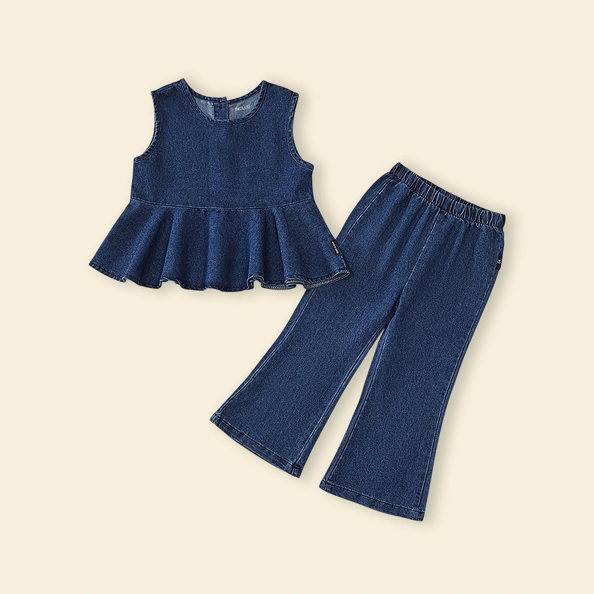 Girls Navy Blue Peplum Top with Flared Denim Pants Sets Sets