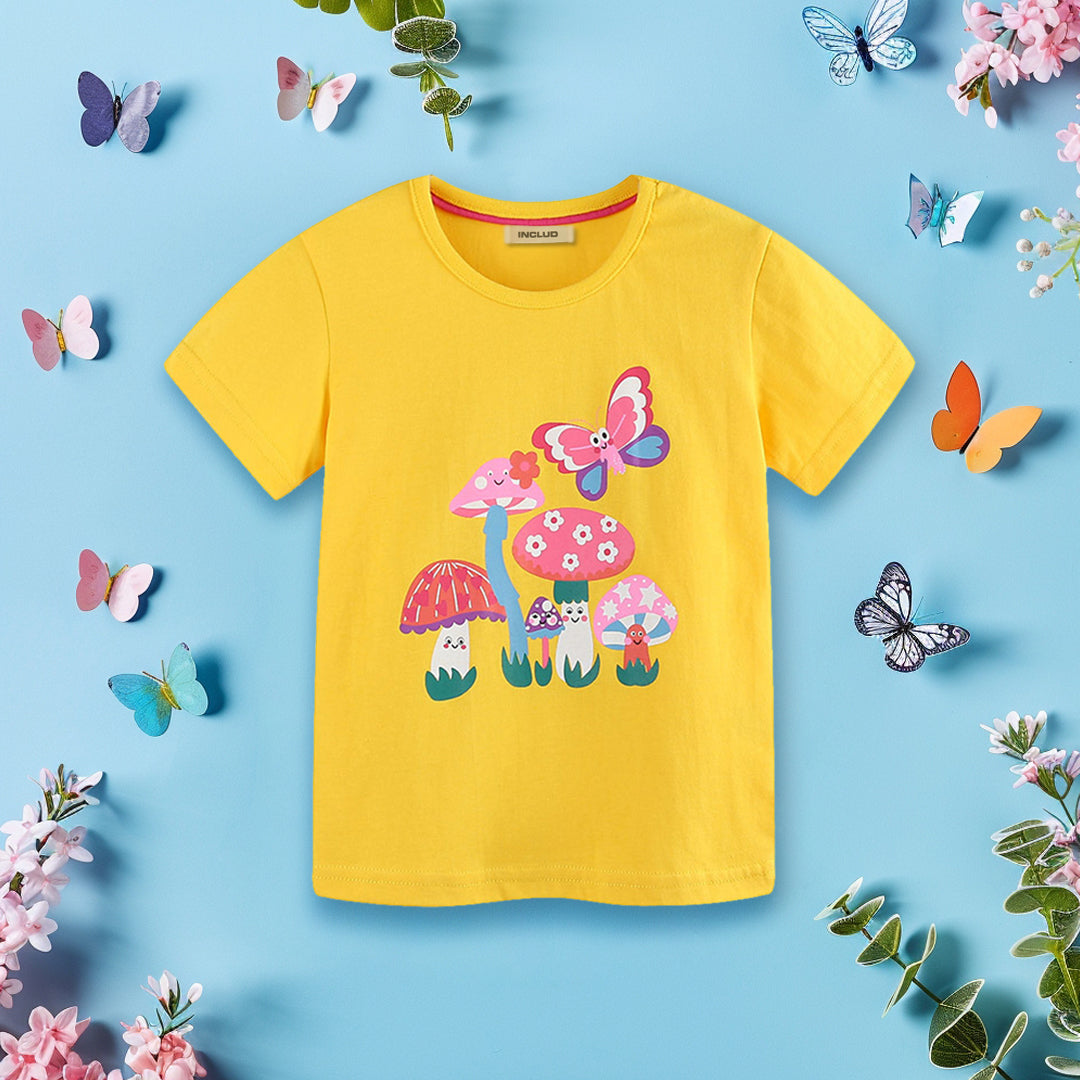 Girls Butterfly Printed Short Sleeves T-Shirt Tshirts Yellow 1-2 Y 
