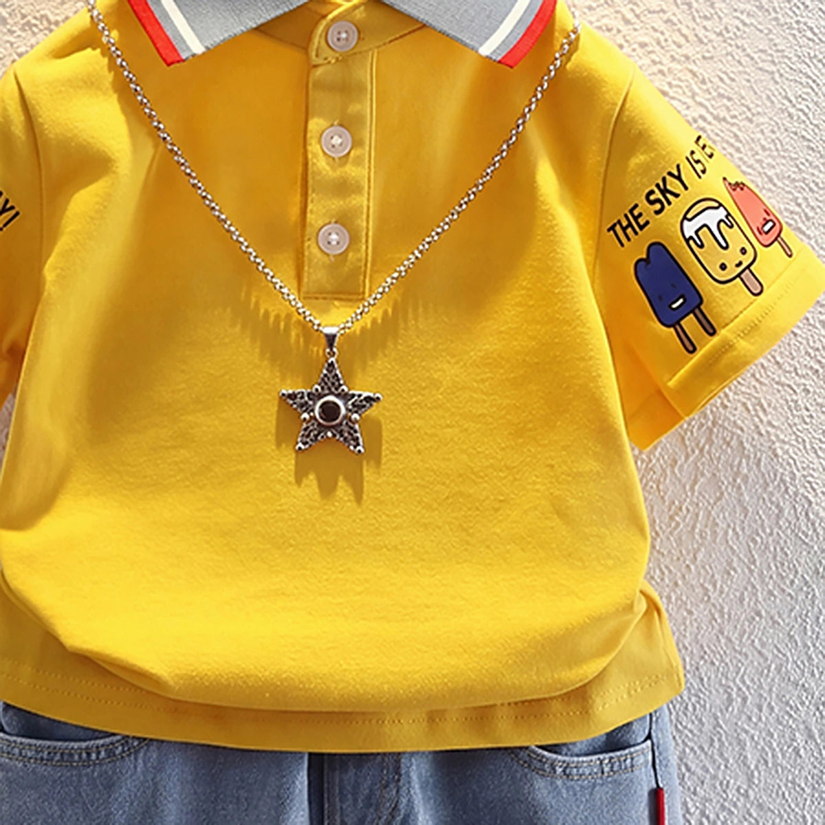 Boys Yellow Short Sleeve Polo T-Shirt With Denim Shorts Sets 2 pc. Sets