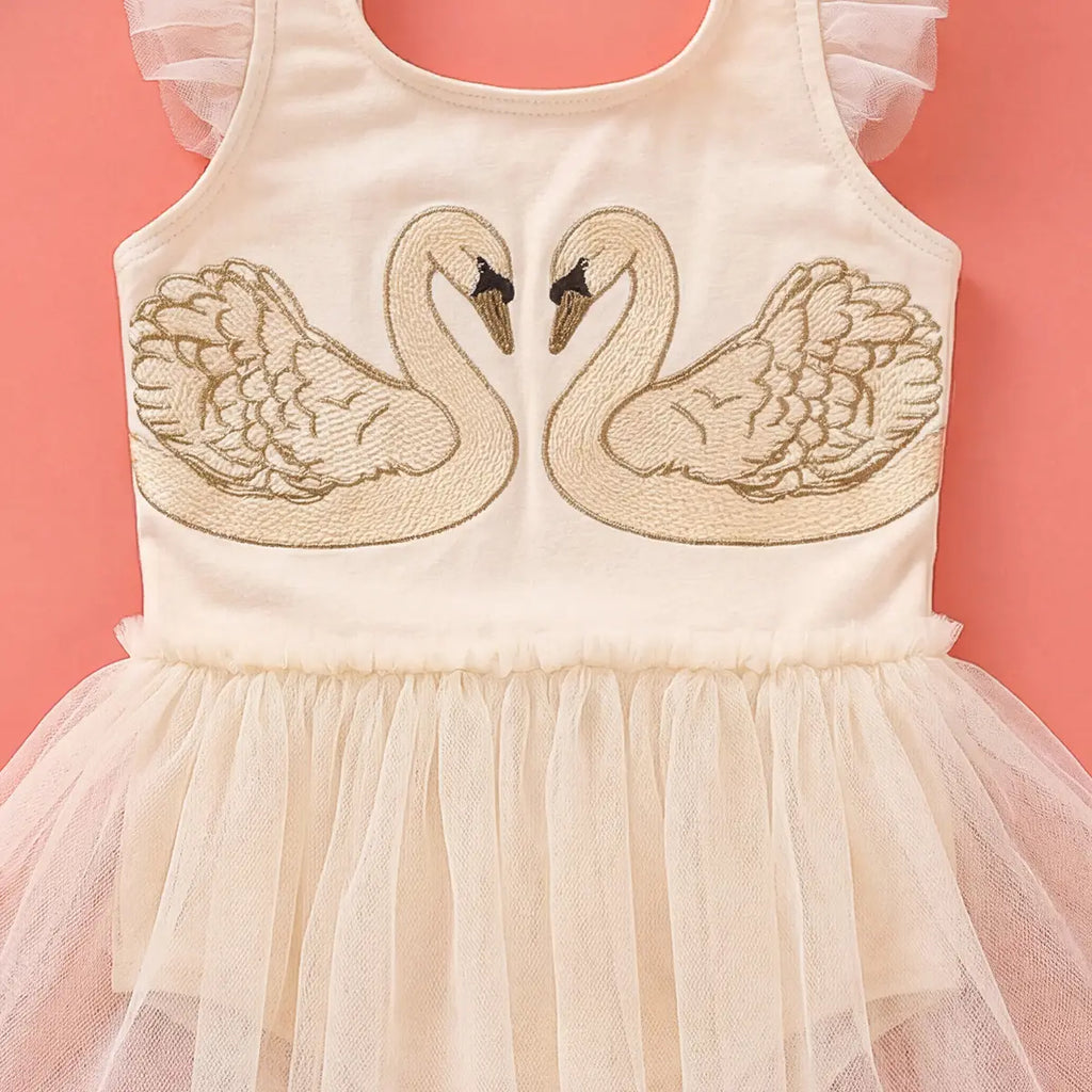 Girls Off-White Swan Printed Round Neck Fit & Flare Dress Casual Dresses