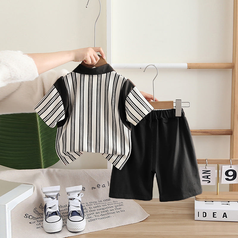 Boys Black Striped Contrast Collared Polo T-Shirt With Shorts Set 2 pc. Sets