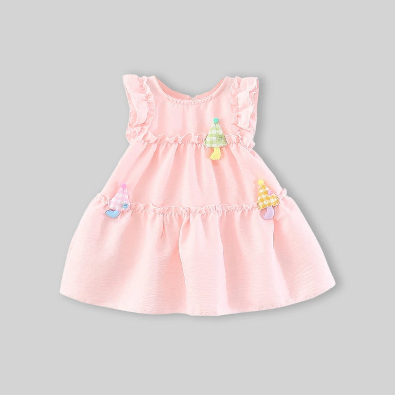Girls Pink Mushroom Appliques Tiered A-Line Dress Casual Dresses
