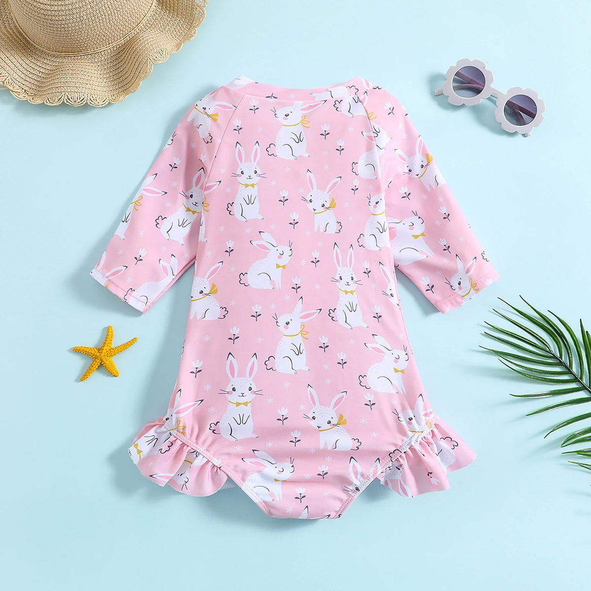 Girls Pink Rabbit Printed Half Zipper Swimwear Bodysuit Beachwear