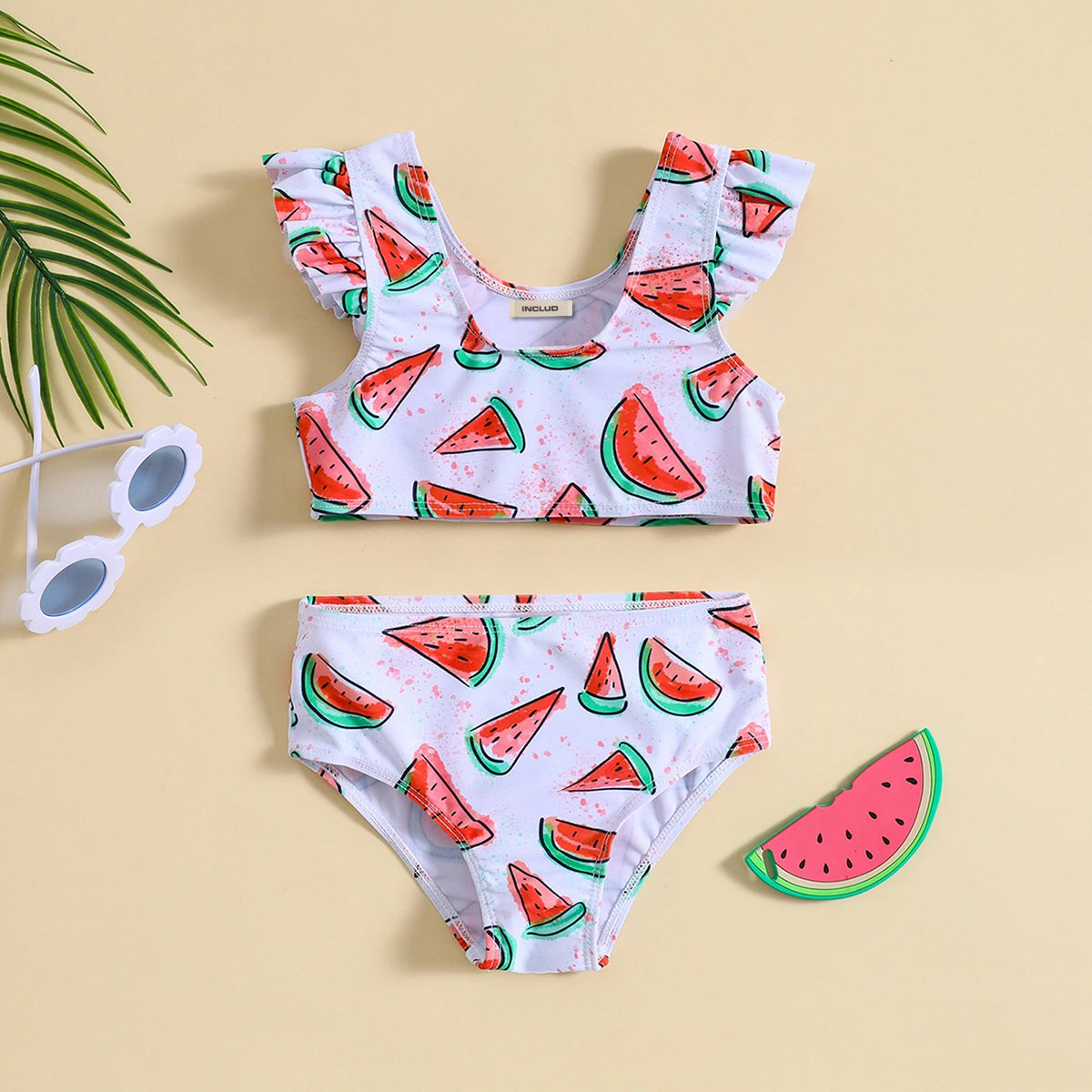 Girls White Watermelon Print Top With Briefs Swimwear Sets Sets White 1-2 Y