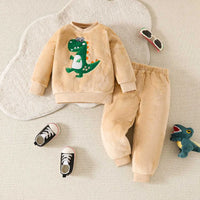 Boys Beige Dinosaur Embroidered Sweatshirt With Jogger Co-ord Set 2 pc. Sets Beige 1-2 Y