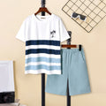 Boys White Striped Short Sleeves Printed T-Shirt With Cross Pockets Shorts Set 2 pc. Sets White 7-8 Y