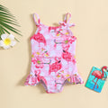 Girls Pink Flamingo Printed Sleeveless Swimwear Bodysuit Beachwear Pink 1-2 Y