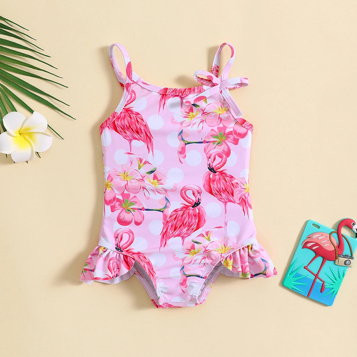 Girls Pink Flamingo Printed Sleeveless Swimwear Bodysuit Beachwear Pink 1-2 Y