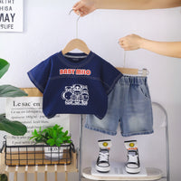 Boys Navy Blue Graphics Short Sleeves T-Shirt With Denim Shorts Set Sets Navy Blue 1-2 Y