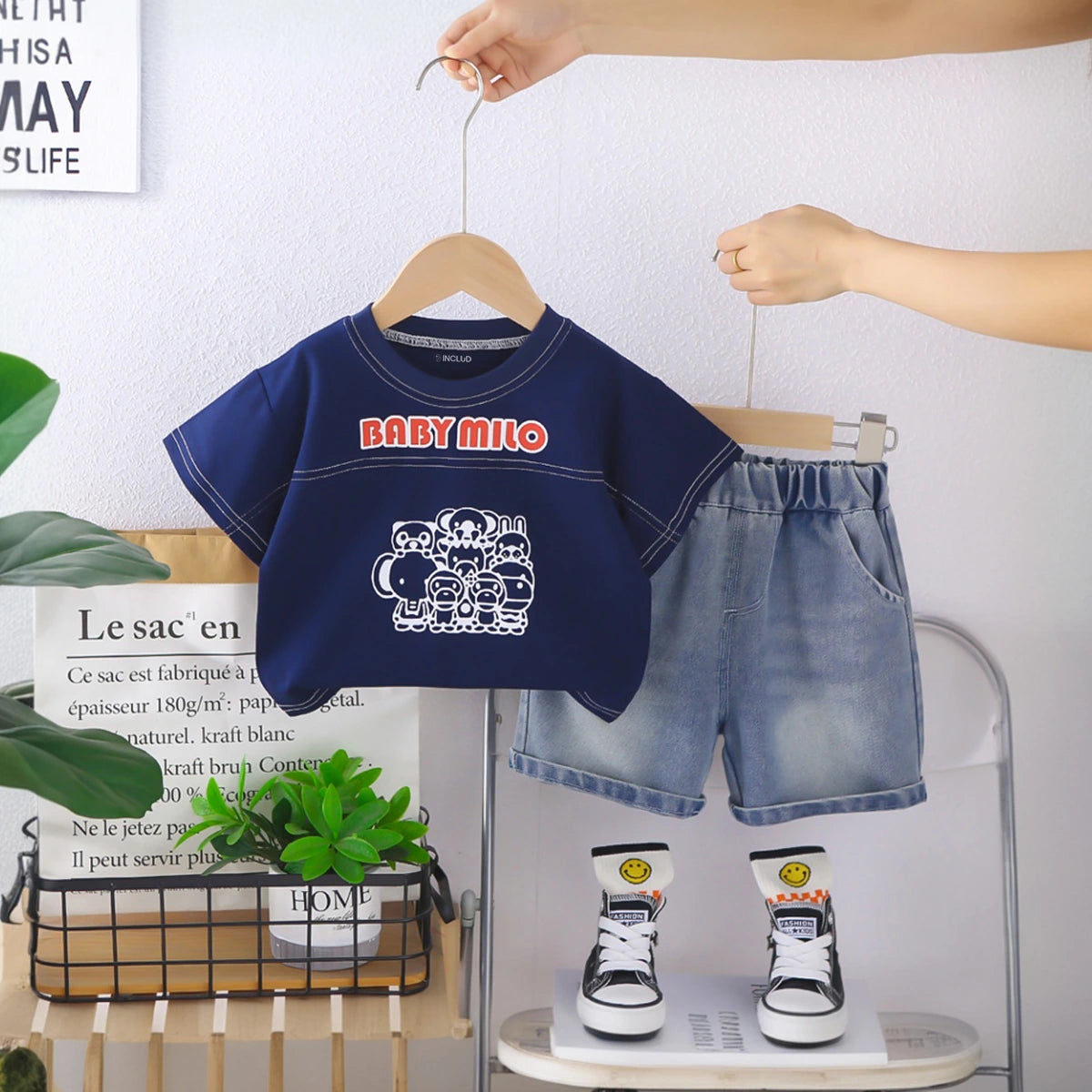 Boys Navy Blue Graphics Short Sleeves T-Shirt With Denim Shorts Set Sets Navy Blue 1-2 Y