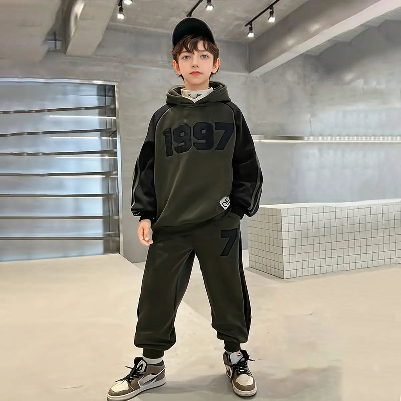 Boys Army Green Numeric Printed Oversized Hooded Sweatshirt With Jogger Co-ord Sets Sets Army Green 5-6 Y
