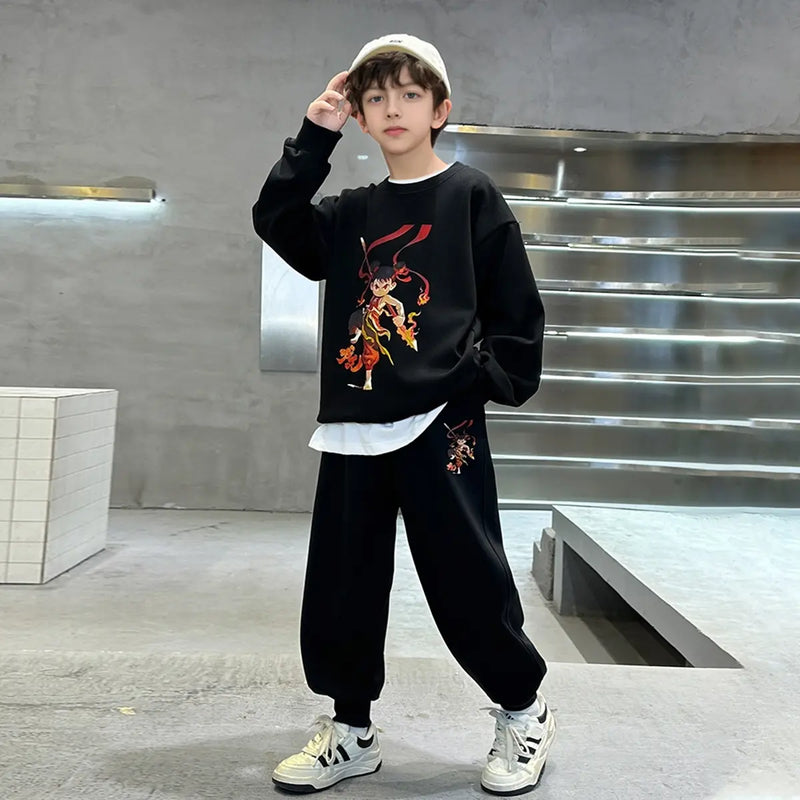 Boys Black Graphics Printed Oversized Sweatshirt With Jogger Co-ord Sets Sets