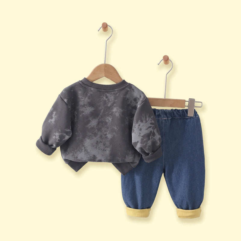 Boys Dark Grey Abstract Printed Sweatshirt & Denim Pants Sets Sets