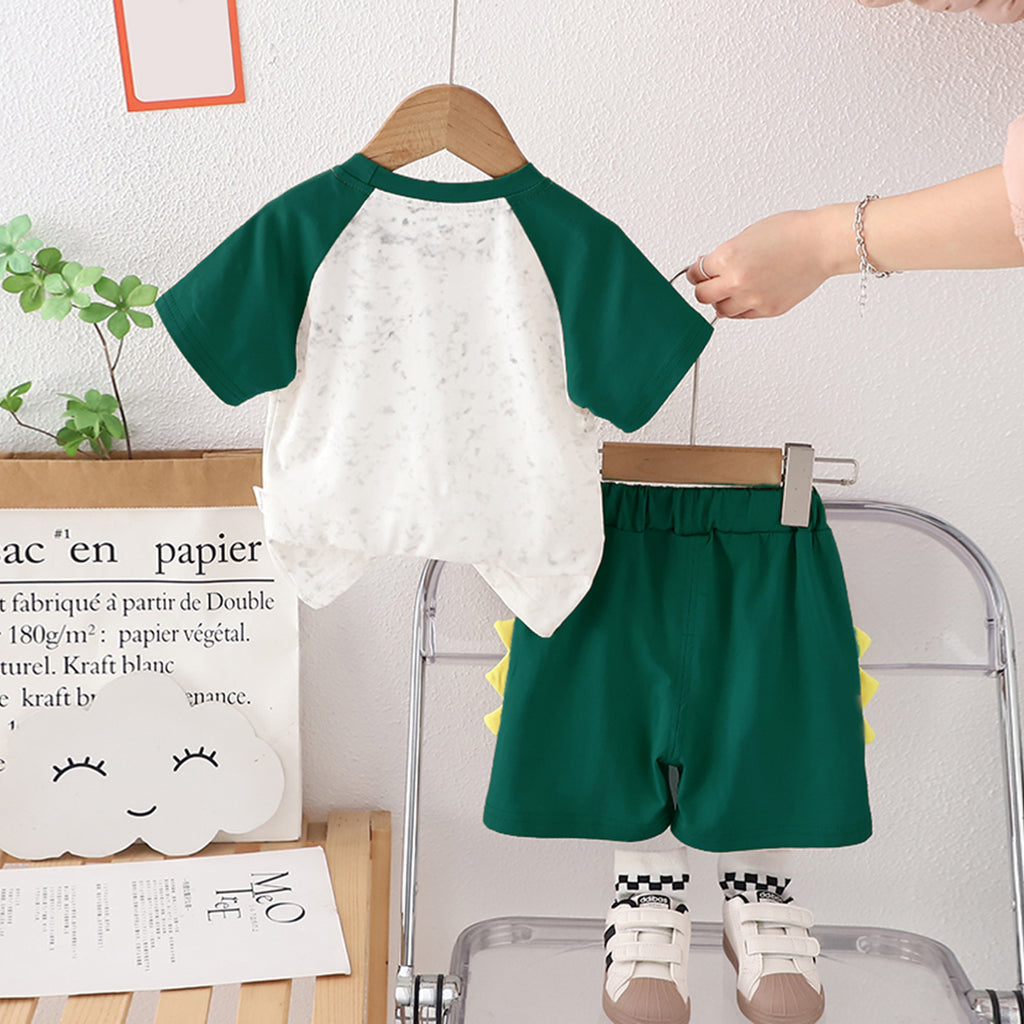 Boys Green Raglan Sleeves Dinosaur Printed T-Shirt With Shorts Set 2 pc. Sets