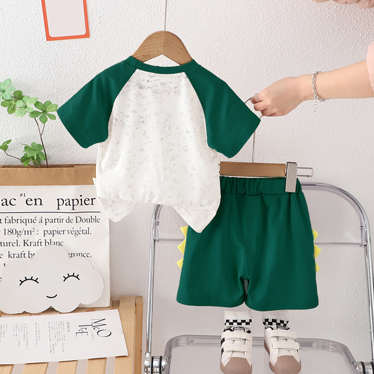Boys Green Raglan Sleeves Dinosaur Printed T-Shirt With Shorts Set 2 pc. Sets