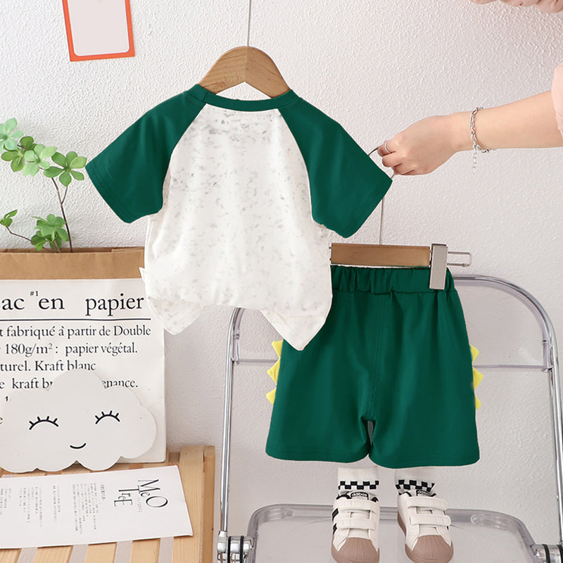 Boys Green Raglan Sleeves Dinosaur Printed T-Shirt With Shorts Set 2 pc. Sets