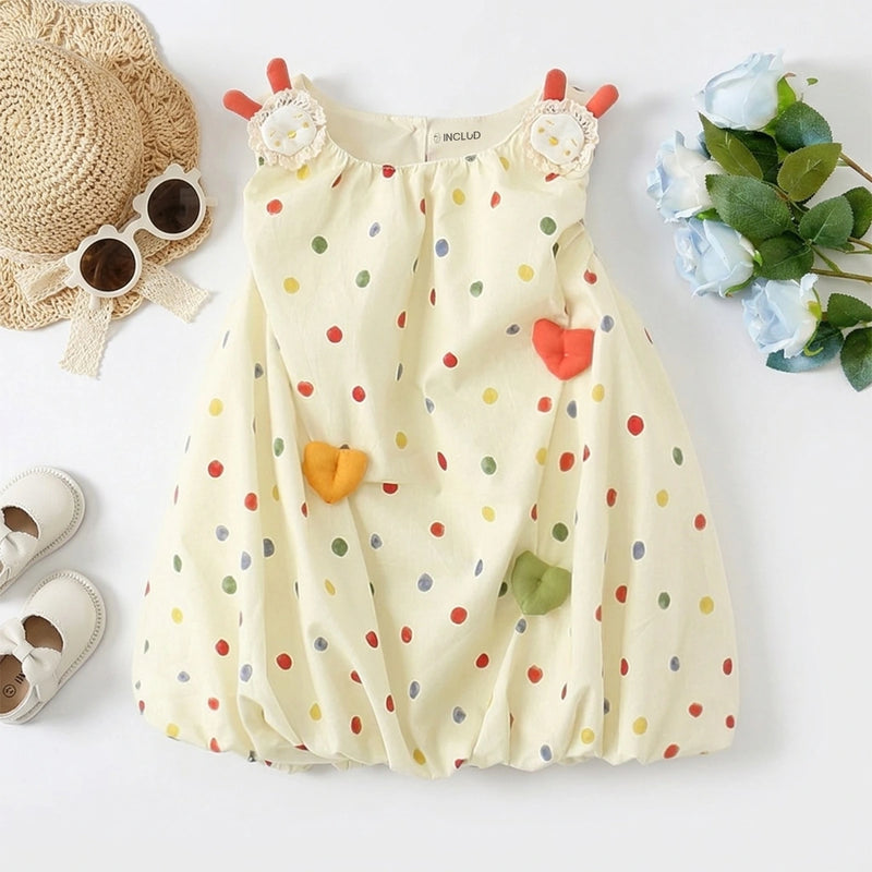 Girls Off White Polka Dot Print Heart Applique Balloon Dress Casual Dresses Off White 1-2 Y