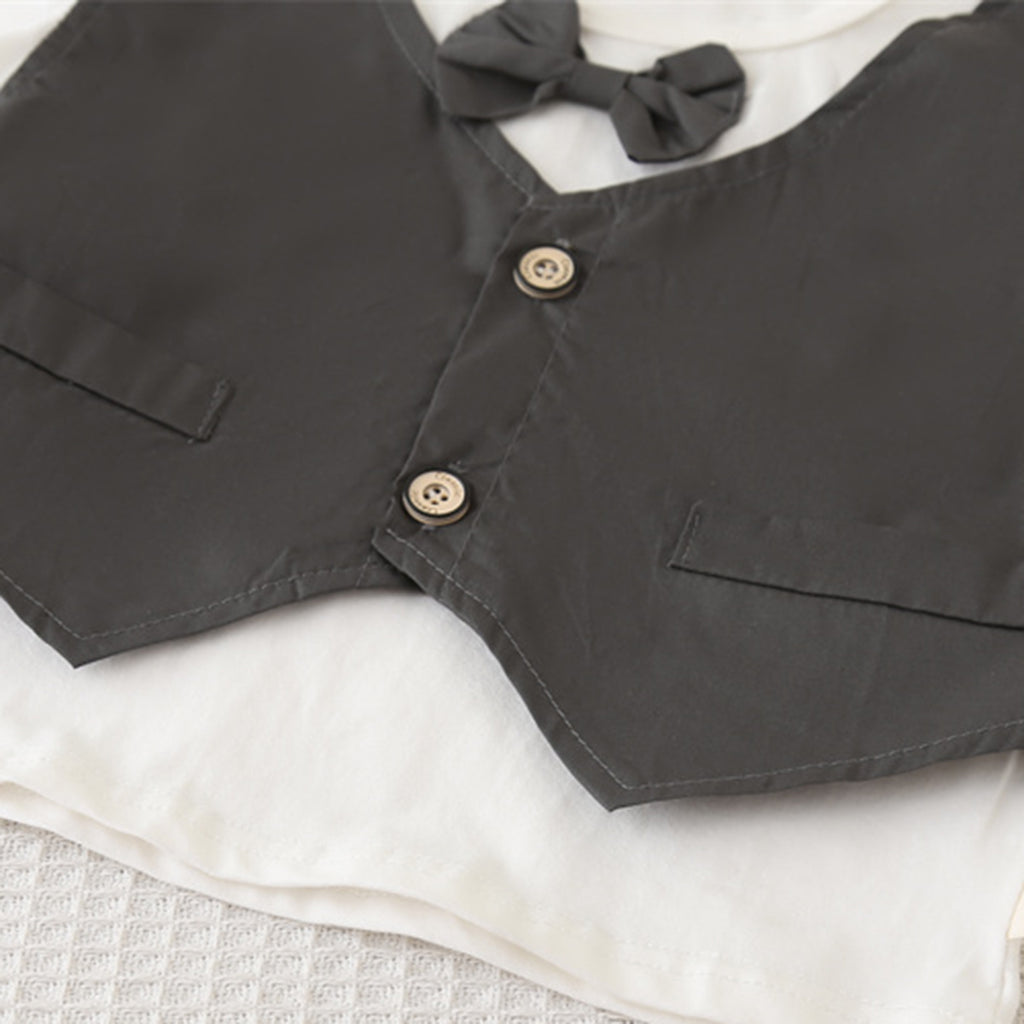 Boys Dark Grey Short Sleeves T-Shirt Attached Waistcoat With Shorts Set 2 pc. Sets