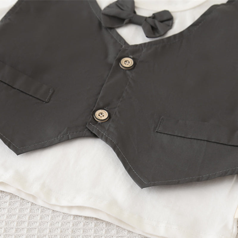 Boys Dark Grey Short Sleeves T-Shirt Attached Waistcoat With Shorts Set 2 pc. Sets