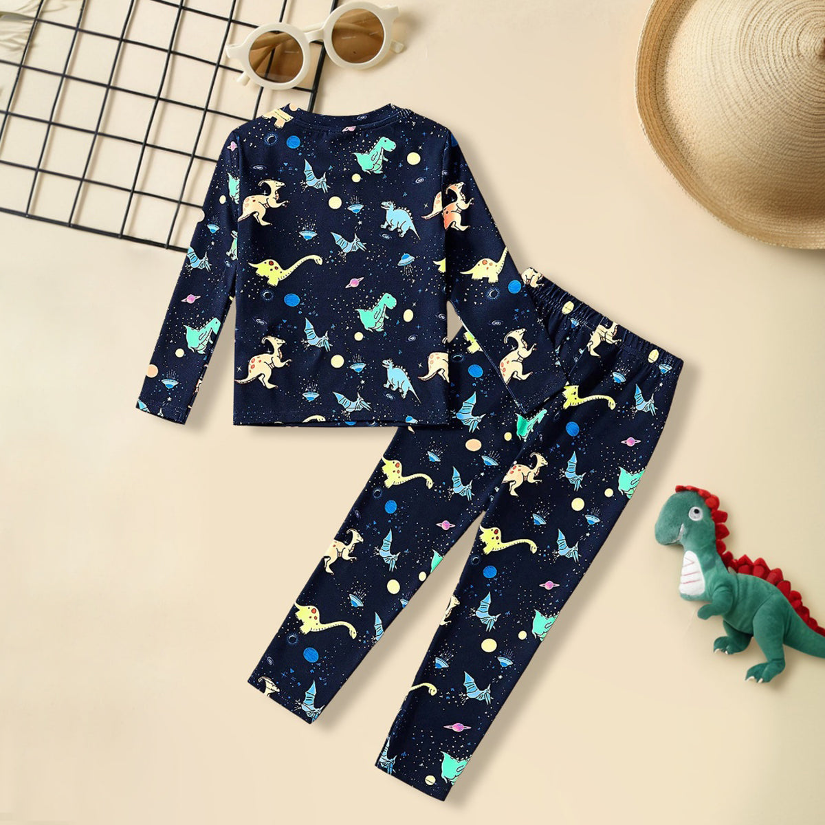 Boys Dark Blue Dinosaur Printed Glow in the Dark T-Shirt With Pajama Co-ord Set 2 pc. Sets