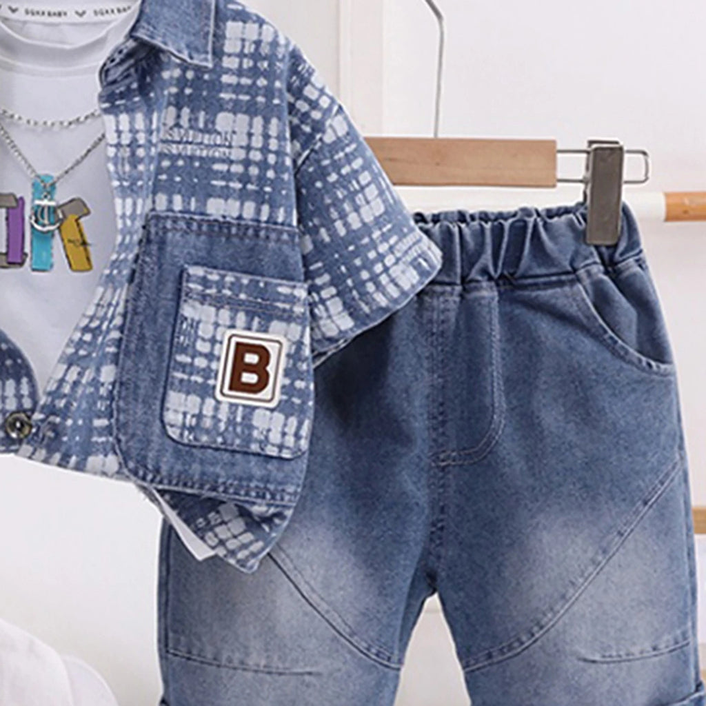 Boys Blue Checked Short Sleeve Shirt With T-Shirt And Denim Shorts Sets 3 pc. Sets