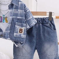 Boys Blue Checked Short Sleeve Shirt With T-Shirt And Denim Shorts Sets 3 pc. Sets