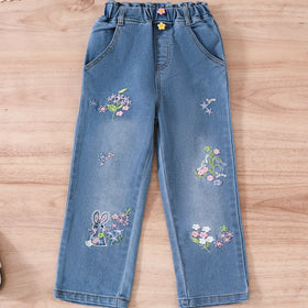 Girls Yellow Sleeveless Ruffled Top With Embroidered Denim Pants Set Sets