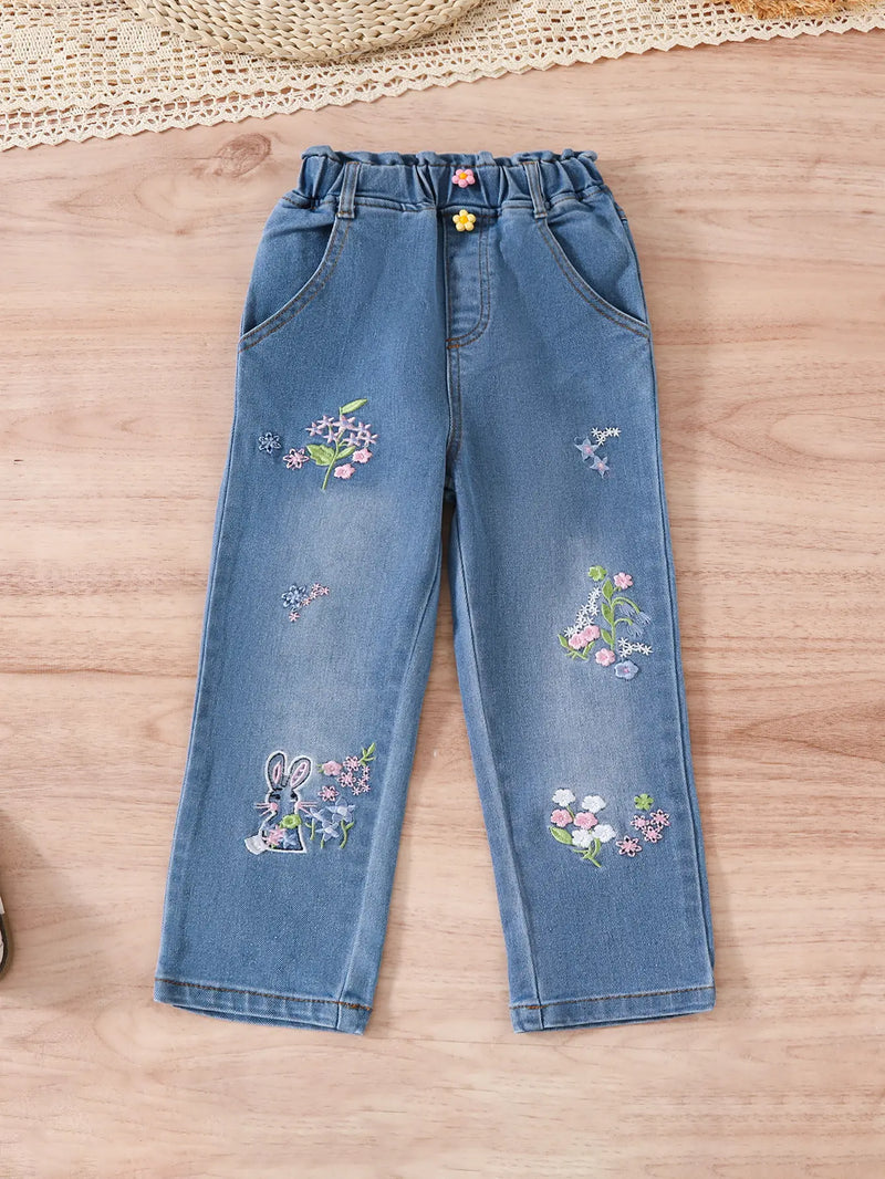 Girls Yellow Sleeveless Ruffled Top With Embroidered Denim Pants Set Sets