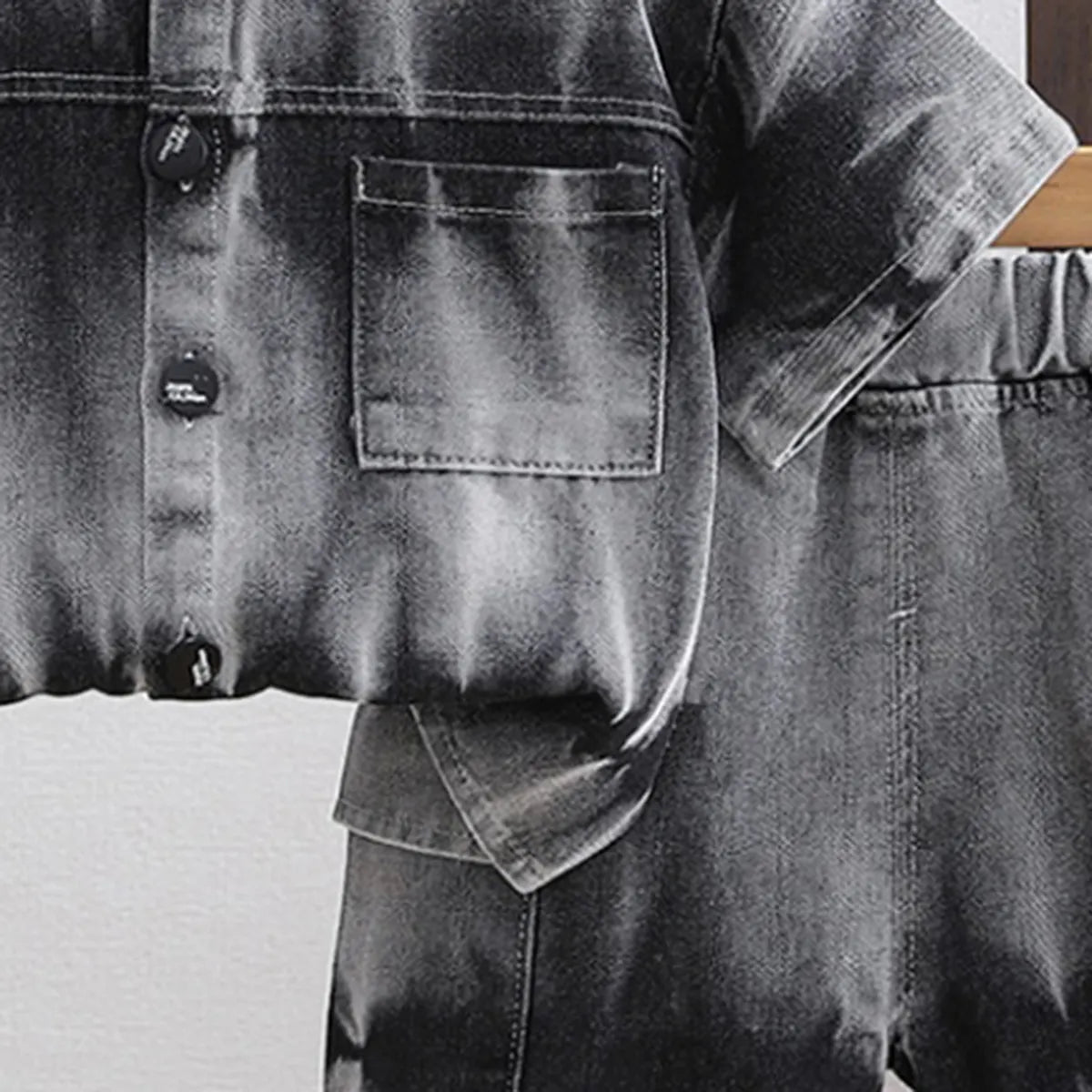 Boys Grey Denim Tie-Dye Printed Shirt & Short Co-ord Sets Sets