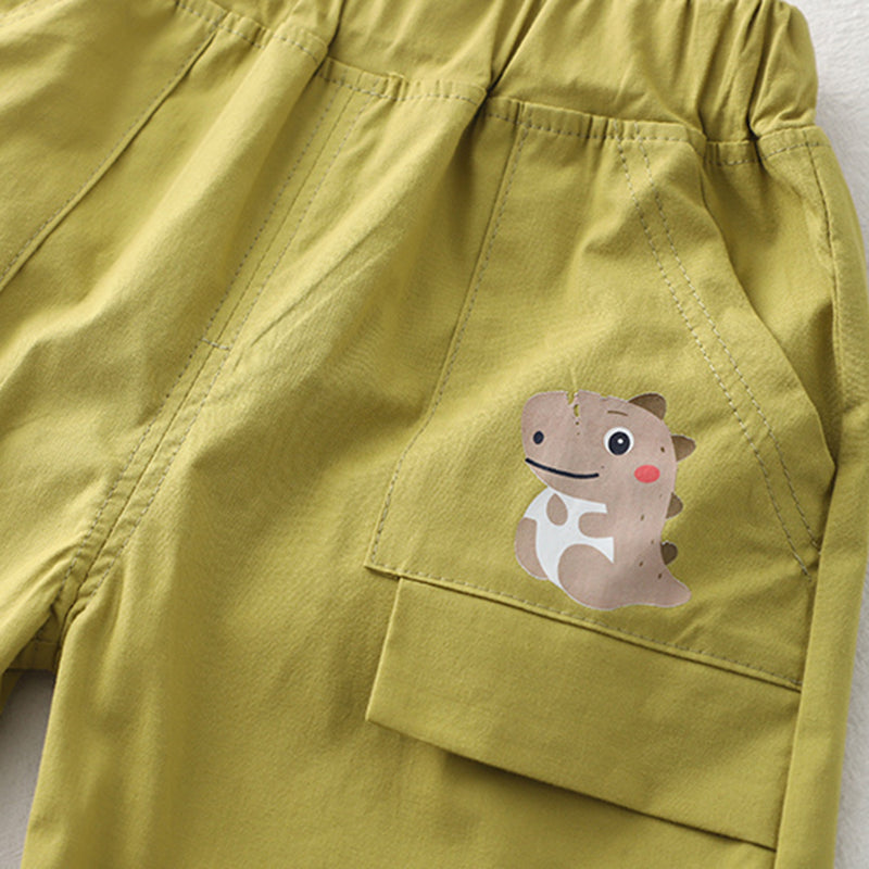 Boys Green Dino Printed Shirt With attached Tie & Shorts Set Sets