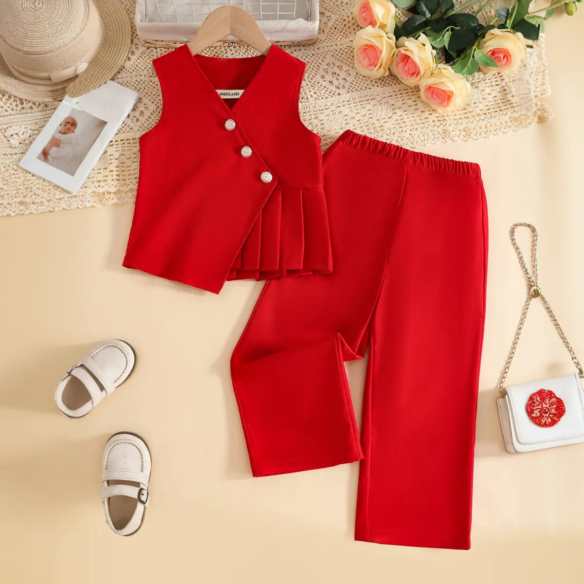 Girls Red Sleeveless Top With Pants Co-ord Sets Sets Red 2-3 Y