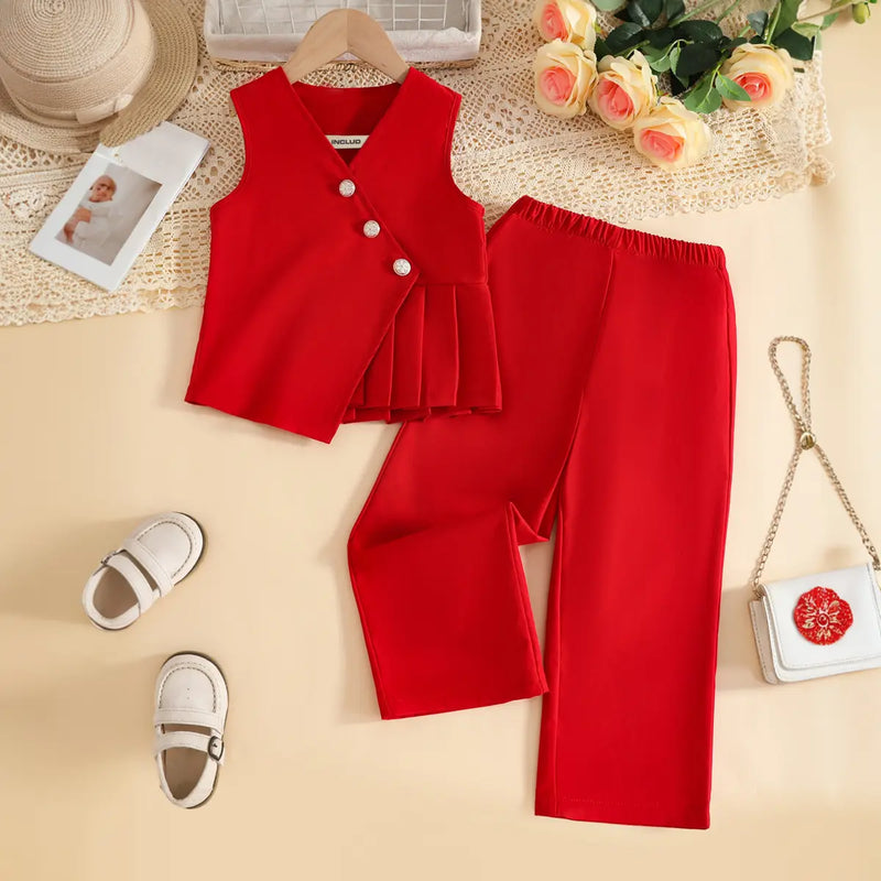 Girls Red Sleeveless Top With Pants Co-ord Sets Sets Red 2-3 Y